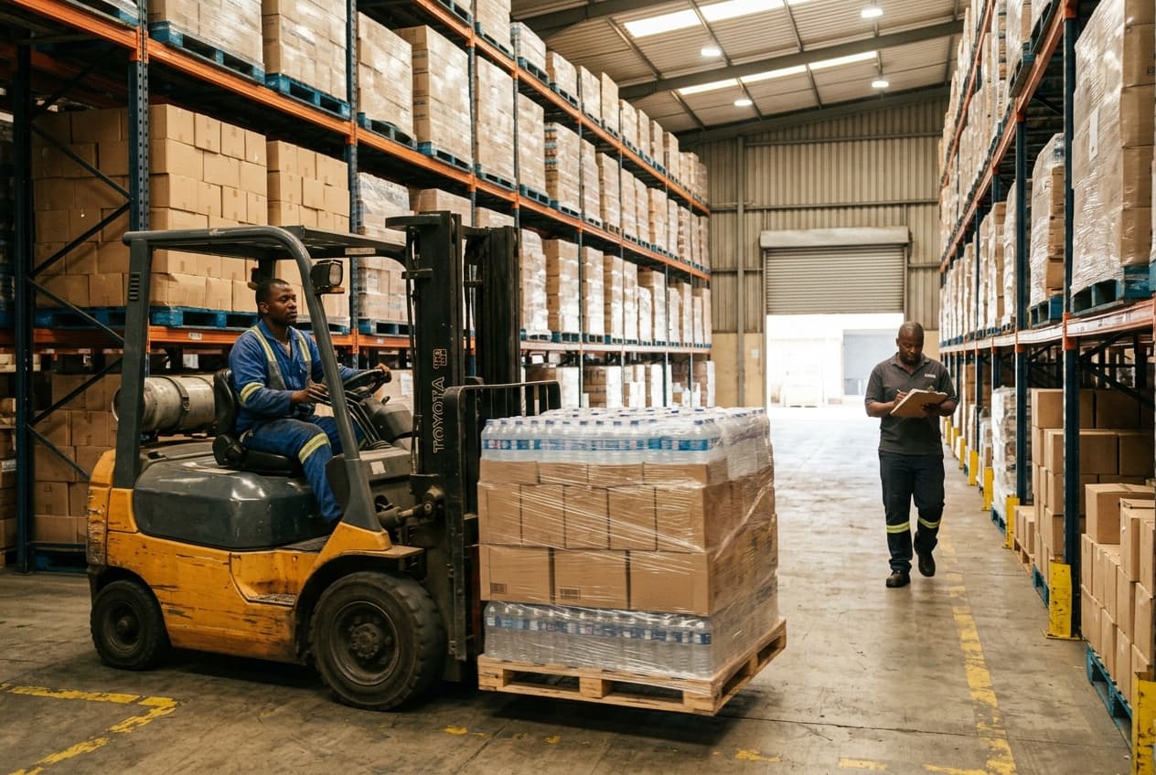 Forklift moving a pallet of cartons in a distribution warehouse in Witbank
